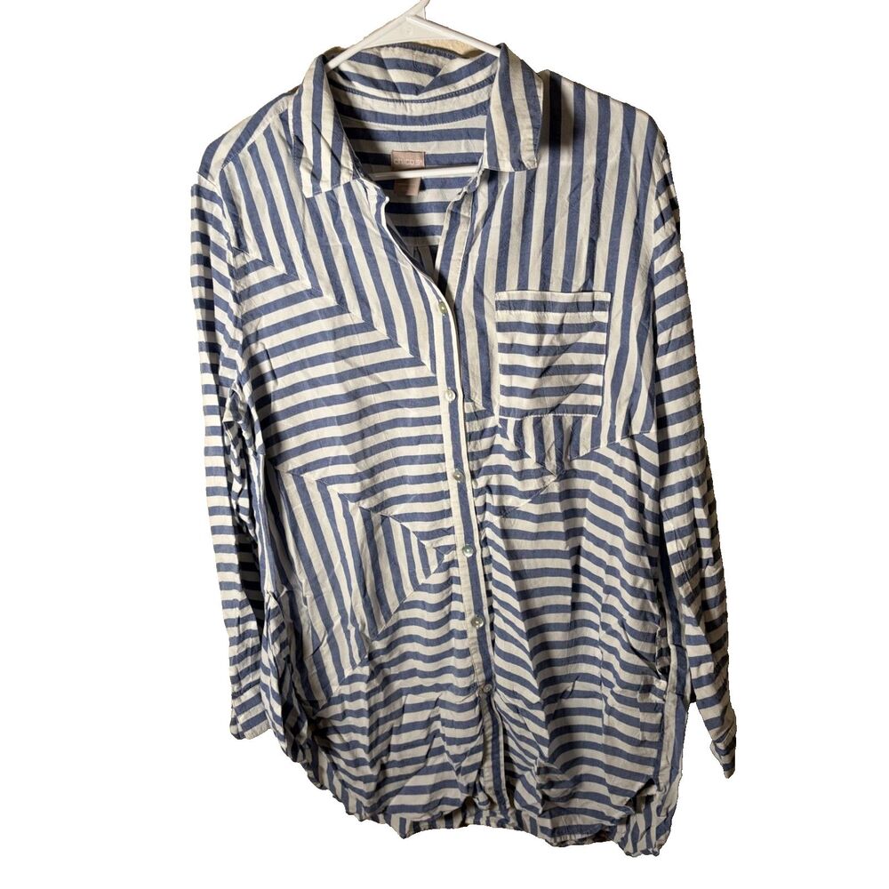 Chico's Shirt Women's 2 Large Blue Striped Button Up Long Sleeve Collared